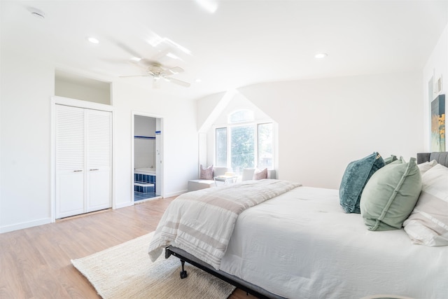 238 Undercliff Ave, Edgewater, NJ 07020 - bedroom featuring light wood finished floors, ceiling fan, recessed lighting, connected bathroom, and a closet
