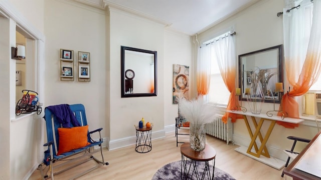 living area featuring radiator heating unit, light hardwood / wood-style flooring, and crown molding