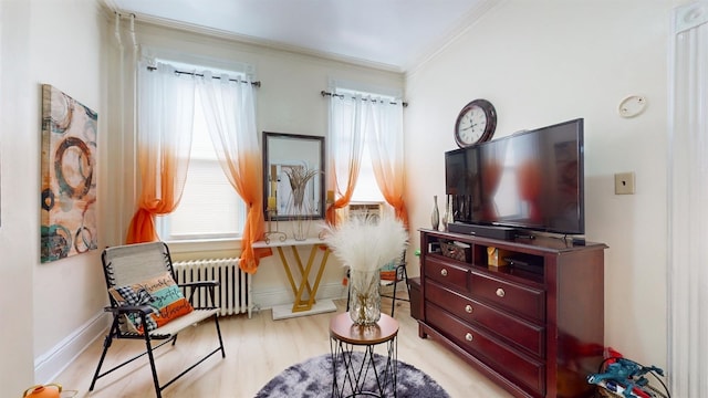 living area with ornamental molding, light wood-type flooring, radiator heating unit, and a healthy amount of sunlight