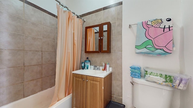 full bathroom with vanity, toilet, and shower / bathtub combination with curtain