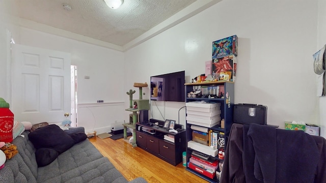 living room featuring a textured ceiling and light hardwood / wood-style flooring