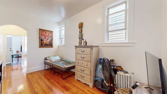 sitting room featuring light hardwood / wood-style floors, a healthy amount of sunlight, and radiator