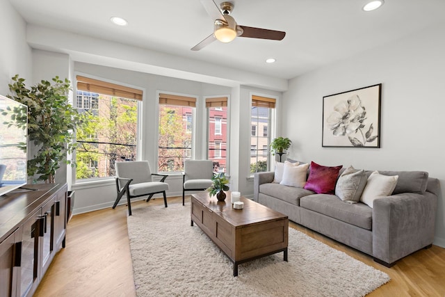 83 Monroe St Unit 3A, Hoboken, NJ 07030 - living room featuring recessed lighting, ceiling fan, a wealth of natural light, and light wood-type flooring