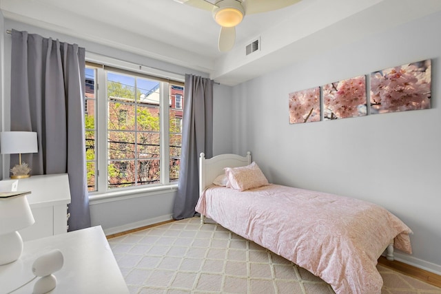 83 Monroe St Unit 3A, Hoboken, NJ 07030 - bedroom with baseboards, light wood finished floors, ceiling fan, and visible vents