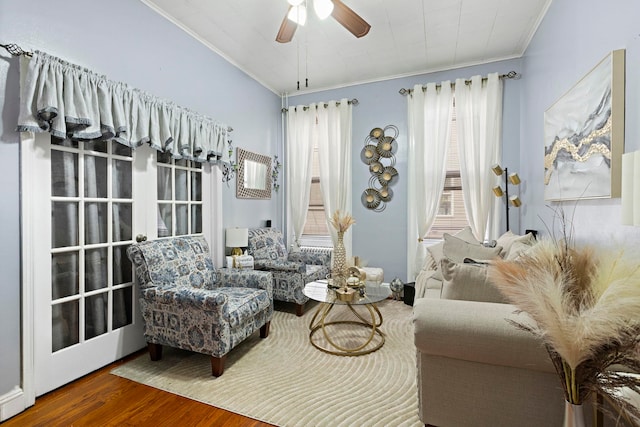 58 Booraem Ave, Jersey City, NJ 07307 - living area featuring ornamental molding, wood finished floors, and ceiling fan