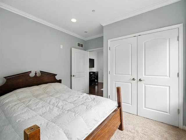 5808 Washington St Unit 406A, West New York, NJ 07093 - carpeted bedroom featuring ornamental molding, a closet, and recessed lighting