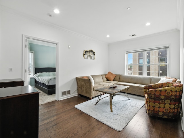 5808 Washington St Unit 406A, West New York, NJ 07093 - living room featuring ornamental molding, dark wood-type flooring, and recessed lighting