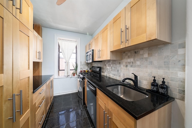 275 Harrison Ave Unit D8, Jersey City, NJ 07304 - kitchen with stainless steel microwave, black gas range oven, dishwashing machine, light brown cabinets, and decorative backsplash