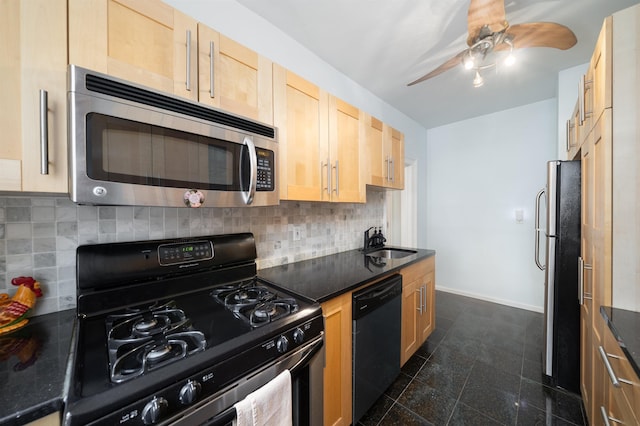 275 Harrison Ave Unit D8, Jersey City, NJ 07304 - kitchen featuring stainless steel appliances, light brown cabinetry, ceiling fan, decorative backsplash, and granite tiled floors