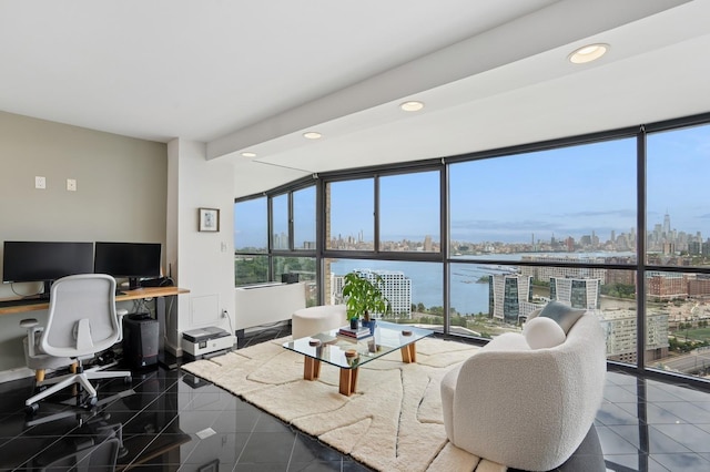 380 Mountain Rd Unit 1012, Union City, NJ 07087 - office with healthy amount of natural light, a view of skyline, floor to ceiling windows, recessed lighting, and granite floors