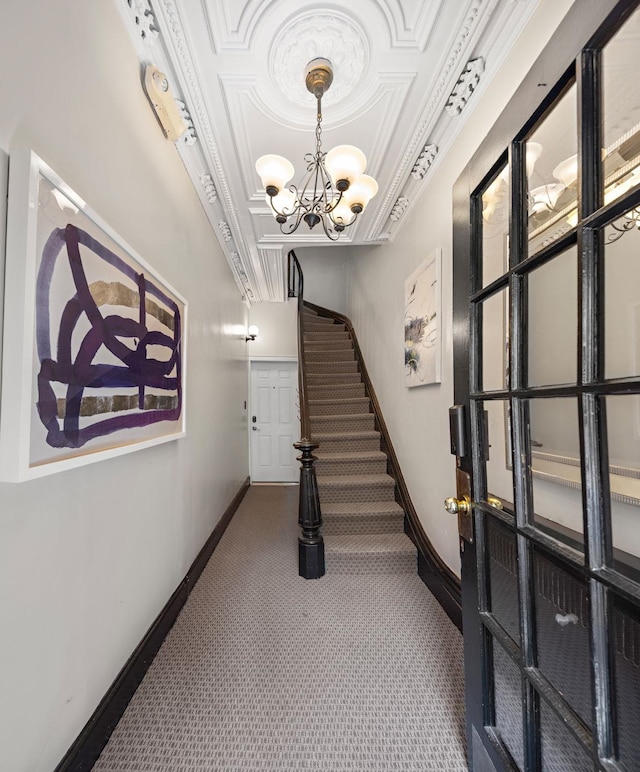 908 Garden St Unit 1, Hoboken, NJ 07030 - carpeted foyer entrance featuring baseboards, a chandelier, and stairway