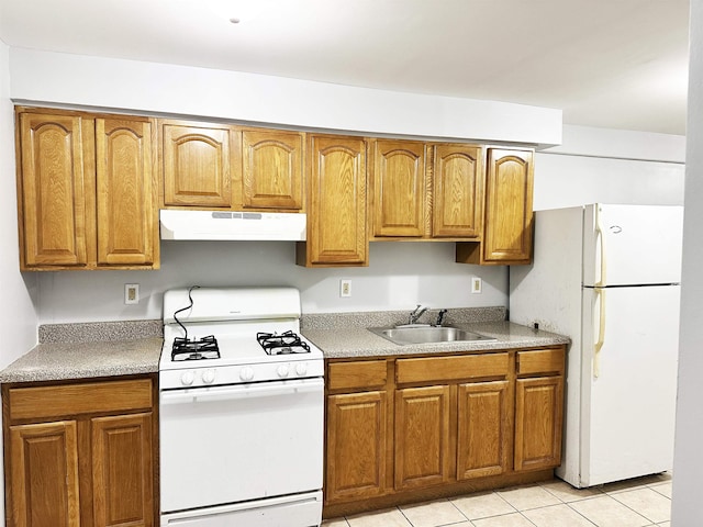 552 38th St Unit B4, Union City, NJ 07086 - kitchen with white appliances, under cabinet range hood, brown cabinets, and light tile patterned flooring