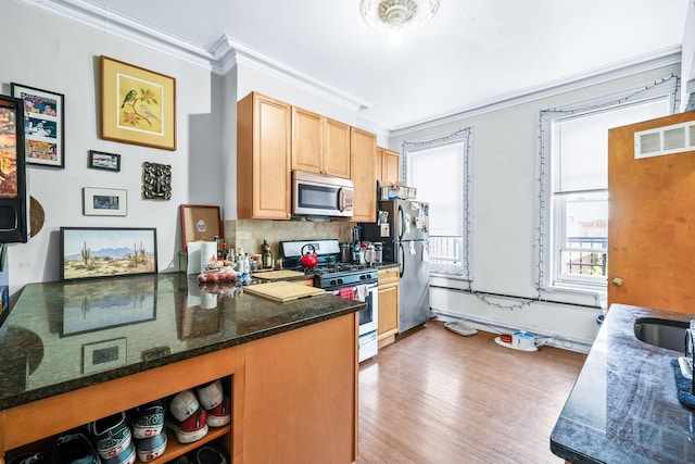 233 Summit Ave, Jersey City, NJ 07304 - kitchen with appliances with stainless steel finishes, ornamental molding, light wood-style flooring, tasteful backsplash, and a peninsula
