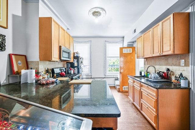 233 Summit Ave, Jersey City, NJ 07304 - kitchen with appliances with stainless steel finishes, decorative backsplash, light wood-style floors, and dark stone counters