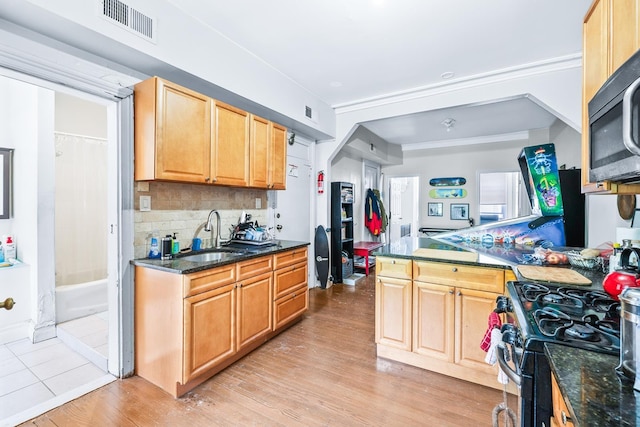 233 Summit Ave, Jersey City, NJ 07304 - kitchen with stainless steel microwave, light wood-type flooring, decorative backsplash, gas range, and dark stone countertops