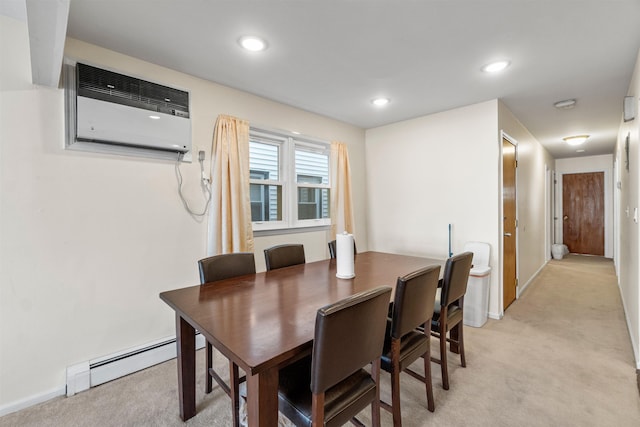 dining room featuring baseboards, a wall mounted AC, recessed lighting, a baseboard heating unit, and light colored carpet