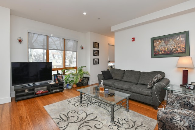 living area with recessed lighting, baseboards, and wood finished floors