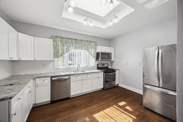 kitchen with a skylight, a raised ceiling, appliances with stainless steel finishes, dark wood-style flooring, and a sink