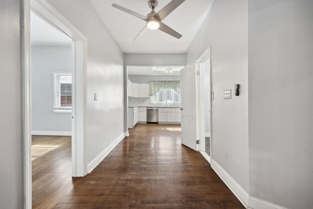 hall with dark wood-style flooring, a sink, and baseboards