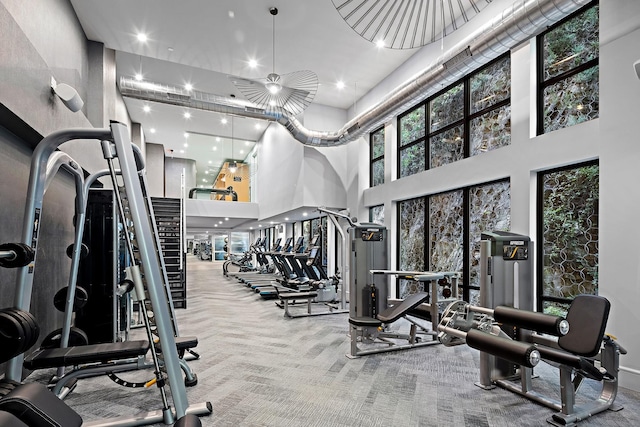 gym featuring carpet and a towering ceiling