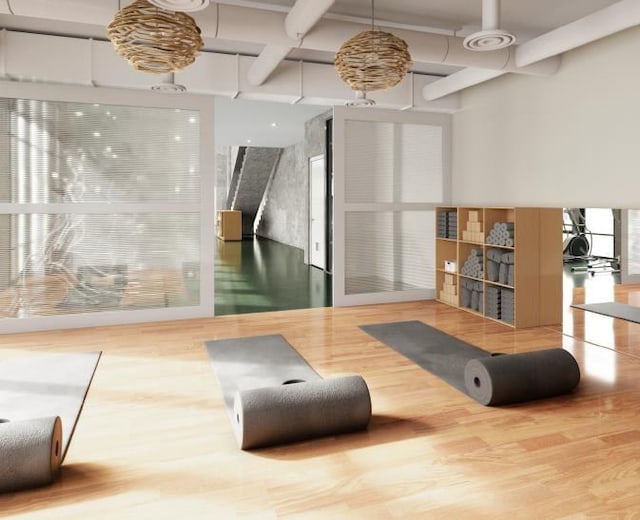 workout room featuring hardwood / wood-style flooring