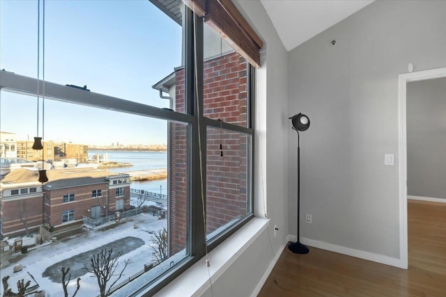 details featuring a water view, wood finished floors, and baseboards