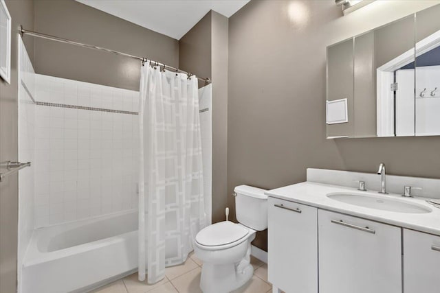 full bathroom with toilet, shower / bathtub combination with curtain, vanity, and tile patterned floors