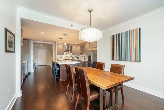 1025 Maxwell Ln Unit 304, Hoboken, NJ 07030 - dining area with a notable chandelier, ornamental molding, recessed lighting, baseboards, and dark wood-style floors