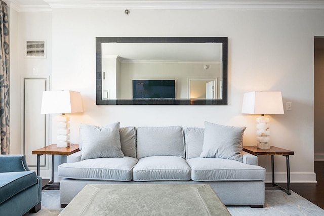 1025 Maxwell Ln Unit 304, Hoboken, NJ 07030 - living area featuring baseboards, ornamental molding, wood finished floors, and visible vents