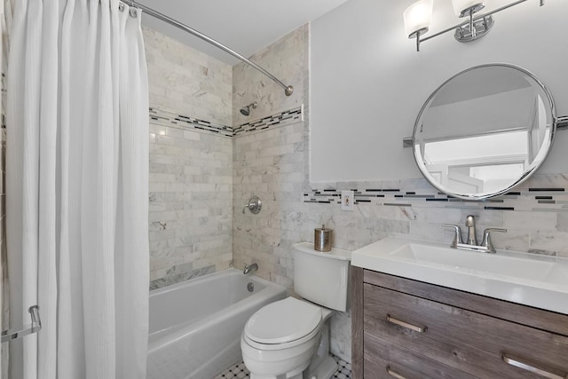 264 9th St Unit 2R, Jersey City, NJ 07302 - bathroom with shower / bath combo, toilet, vanity, decorative backsplash, and tile walls