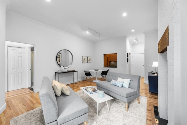 264 9th St Unit 2R, Jersey City, NJ 07302 - living room featuring rail lighting, ornamental molding, light wood-style flooring, recessed lighting, and baseboards