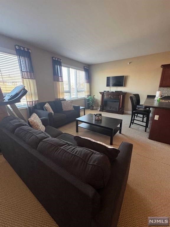 living room featuring light colored carpet