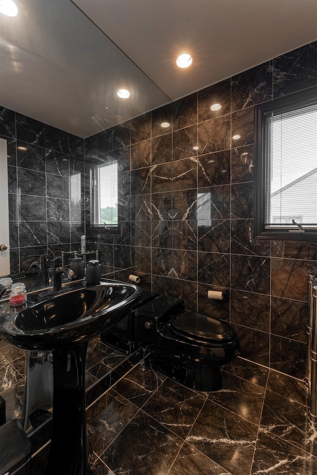 12 Davey Dr, West Orange, NJ 07052 - bathroom featuring tile walls, marble tiled floors, and recessed lighting