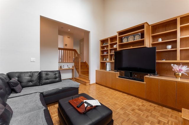 12 Davey Dr, West Orange, NJ 07052 - living room featuring stairs and a towering ceiling