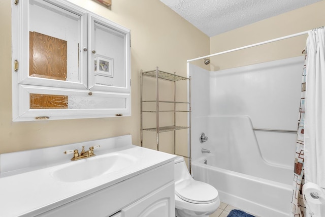 bathroom with tile patterned floors, shower / bathtub combination with curtain, toilet, a textured ceiling, and vanity