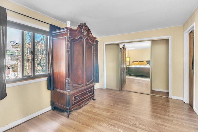 interior space featuring light wood finished floors, a closet, and baseboards