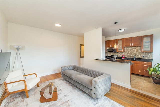 living room featuring sink and light hardwood / wood-style floors