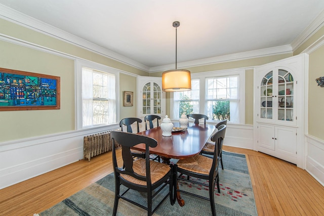 dining room with crown molding, radiator, plenty of natural light, and a wainscoted wall