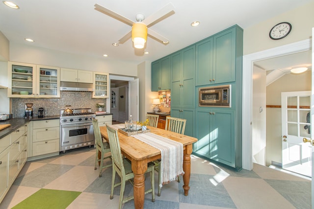 kitchen with dark countertops, glass insert cabinets, under cabinet range hood, decorative backsplash, and appliances with stainless steel finishes