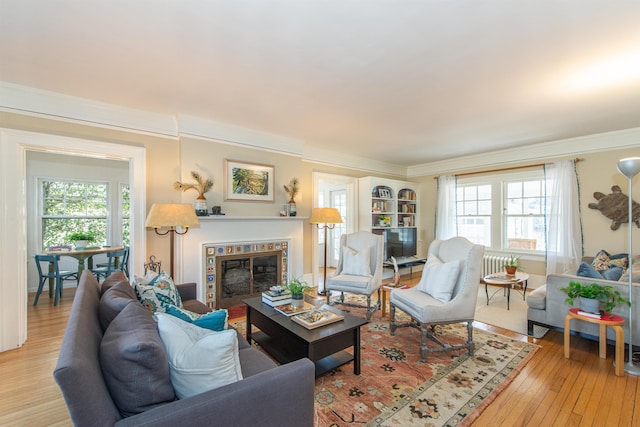 living room with a glass covered fireplace, a healthy amount of sunlight, ornamental molding, and light wood finished floors