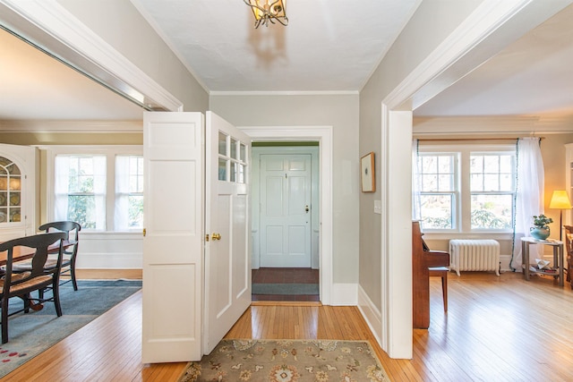 entryway featuring a wealth of natural light, light wood-style flooring, and radiator