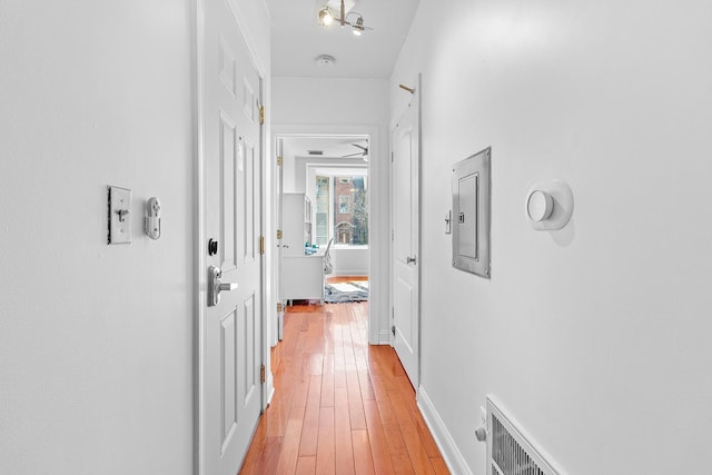 corridor featuring electric panel, light wood-style floors, and visible vents