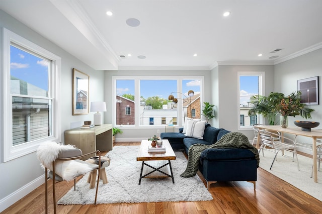 living room featuring hardwood / wood-style floors and ornamental molding