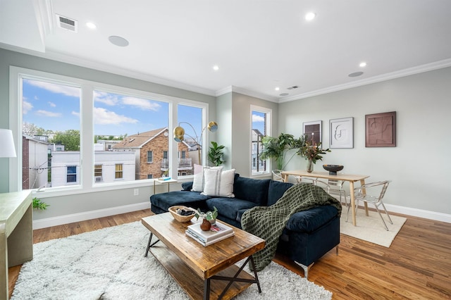 living room with wood-type flooring and ornamental molding