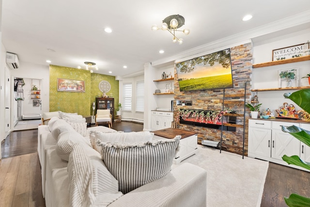 26 E 49th St, Bayonne, NJ 07002 - living room featuring recessed lighting, a wall mounted air conditioner, light wood-style floors, a fireplace, and ornamental molding