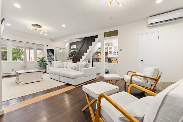 26 E 49th St, Bayonne, NJ 07002 - living area featuring a wall mounted AC, stairway, wood finished floors, recessed lighting, and crown molding