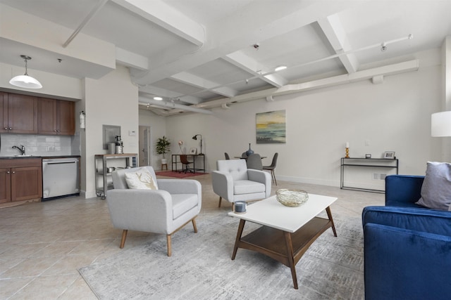 300 Communipaw Ave Unit 17, Jersey City, NJ 07304 - living room featuring coffered ceiling, light tile patterned flooring, beam ceiling, wet bar, and baseboards