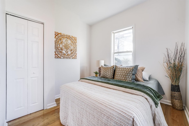 bedroom featuring hardwood / wood-style floors and a closet