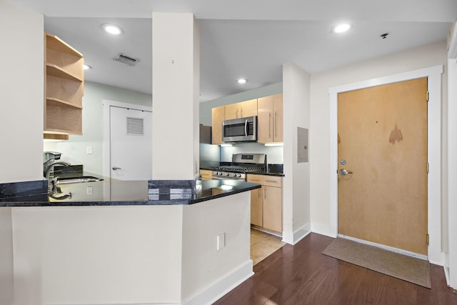 1100 Clinton St Unit 305, Hoboken, NJ 07030 - kitchen featuring stainless steel appliances, light brown cabinetry, wood finished floors, open shelves, and recessed lighting