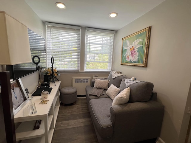 interior space with dark wood-type flooring, radiator heating unit, and a wealth of natural light